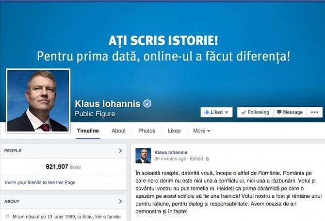 Klaus Iohannis, pe Facebook,