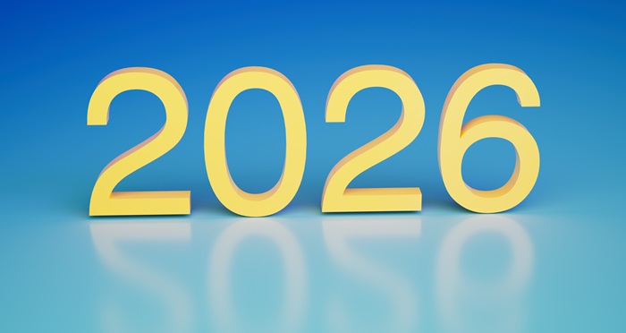 Bold Yellow Numerals 2026 Rendered Against a Reflective Blue Background